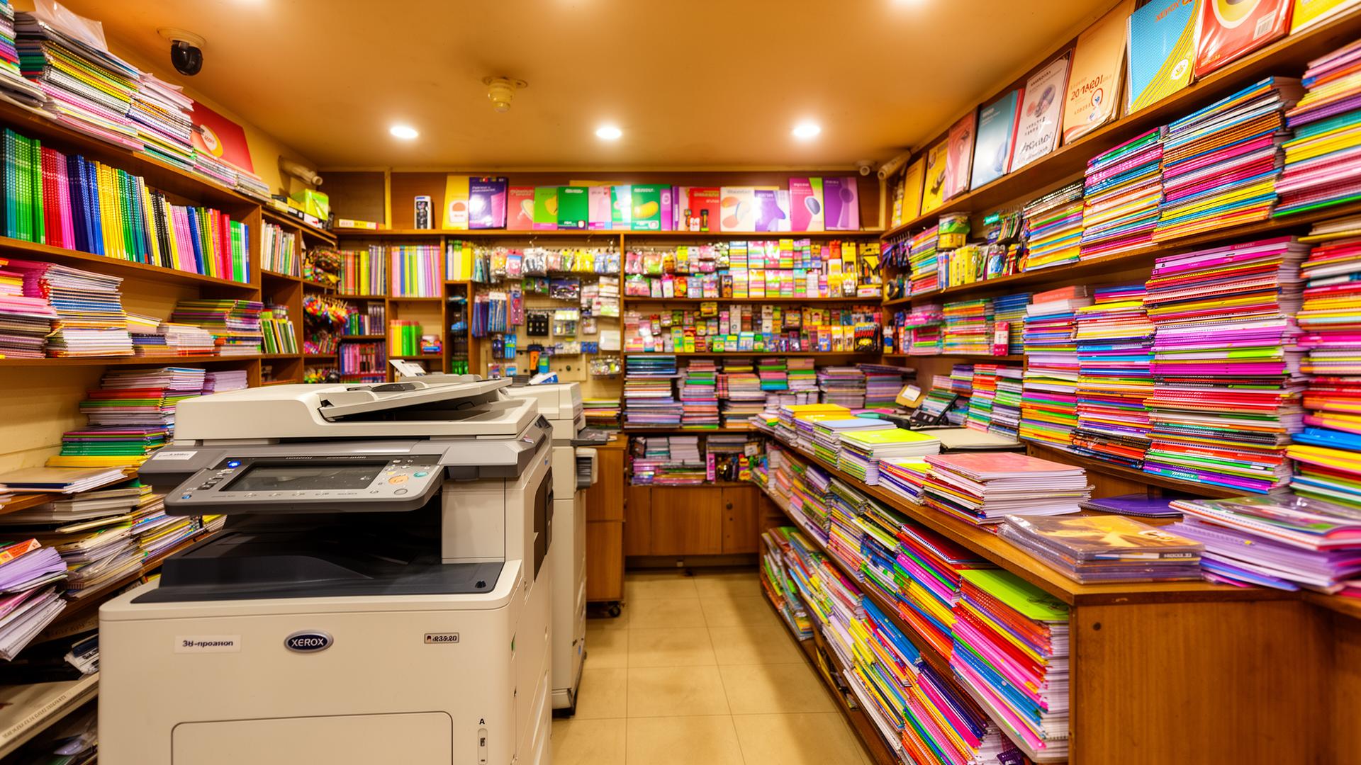 Inside ASR Traders Xerox and stationery shop in Chitlapakkam, Chennai — shopkeeper at A3 colour copier with shelves of notebooks