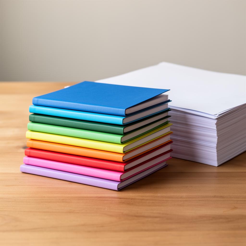 Stack of colourful notebooks and A4 paper